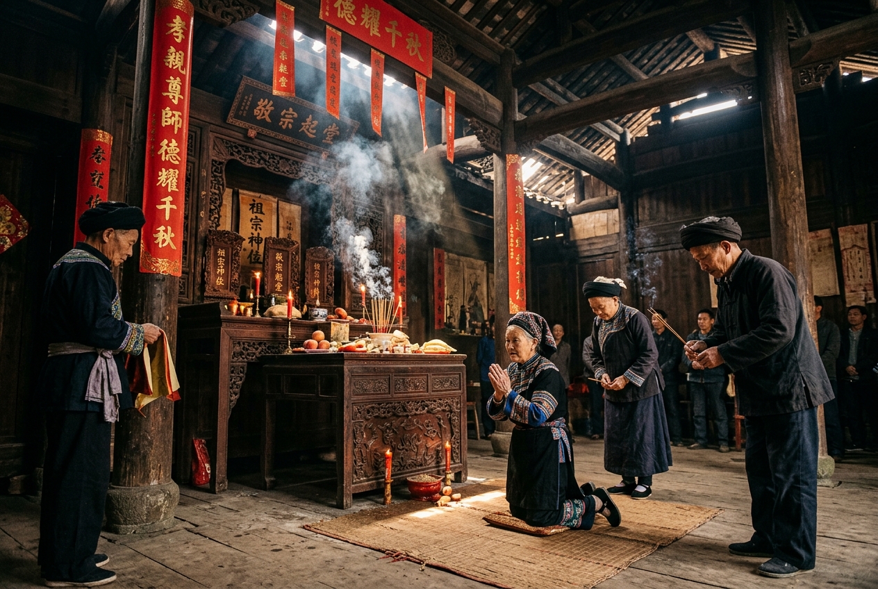 摆手堂内肃穆敬祖起堂与上香仪式