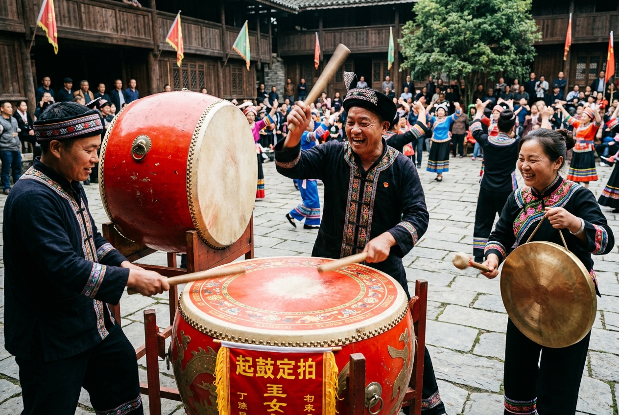 敲击土家大红皮鼓与铜锣定下行进节拍