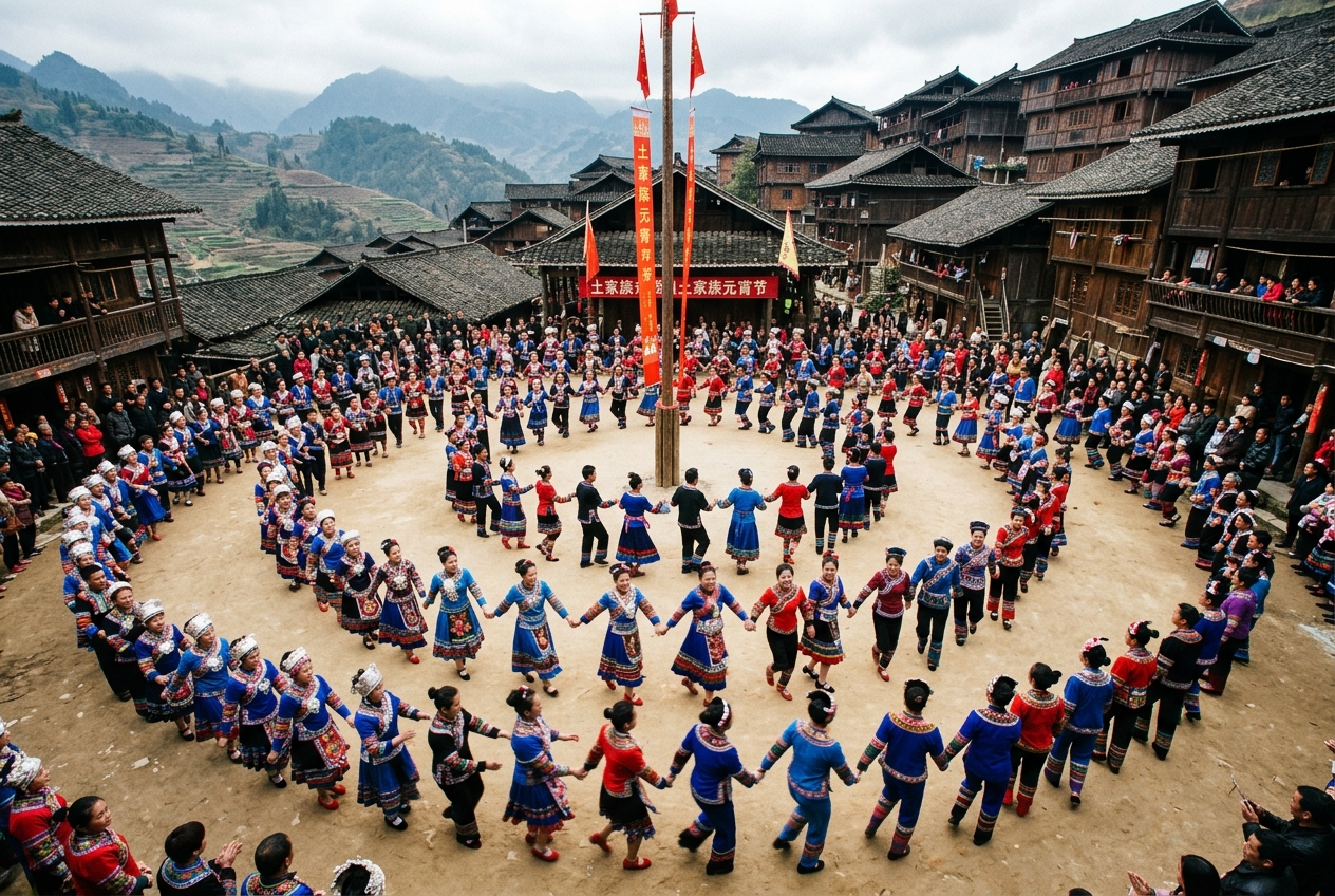 全村老少在堂前广场围成多层大圆圈律动行进