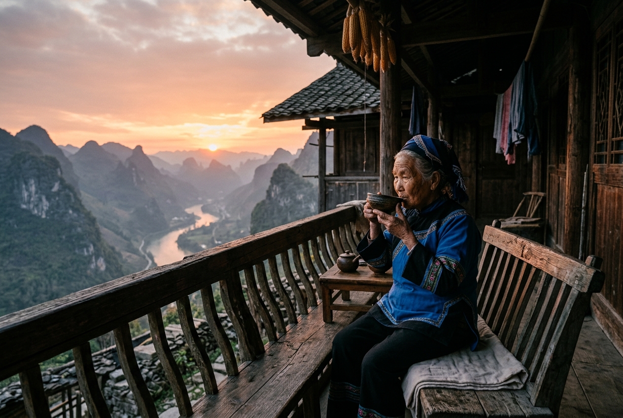 傍晚山间木楼前余音缓缓落腔收尾